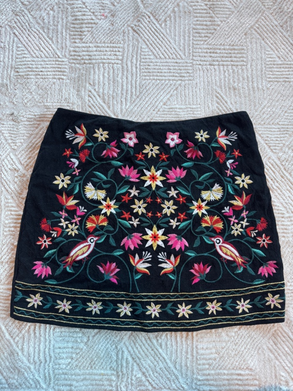 Altar'd State Boho Embroidered Mini Skirt Black Floral Bird Folk Art Size Large